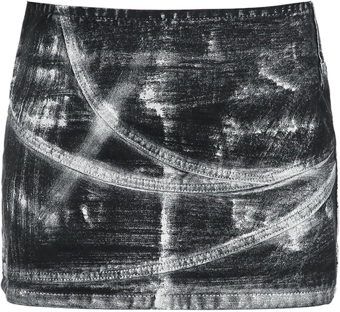 Tie-dye Denim Skirt Personality Versatile high-Waisted A-line Skirt ming Bottoming Skirt-Black-S