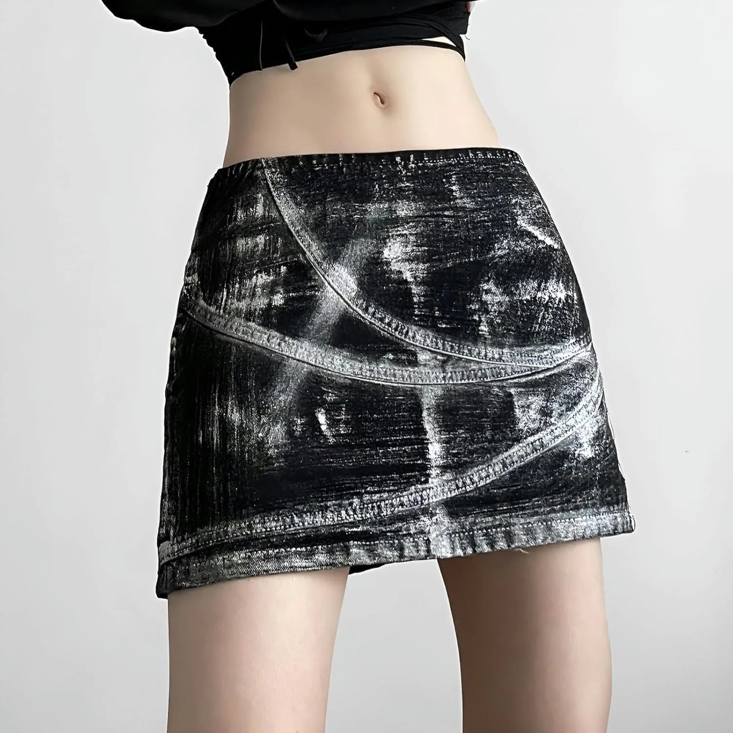 Tie-dye Denim Skirt Personality Versatile high-Waisted A-line Skirt ming Bottoming Skirt-Black-S
