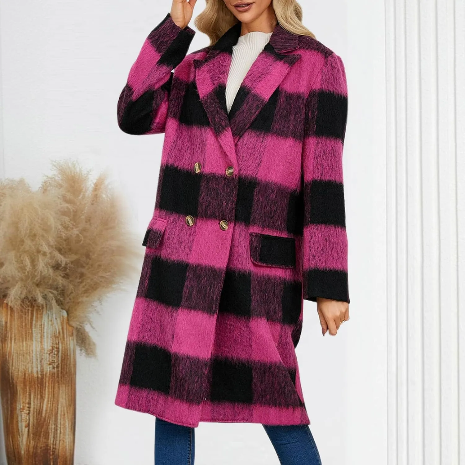 Trench Coat for Women 2024 Double Breasted Plaid Coat Wool Blend Pea Coat Vintage Trench Coat Fall Winter Outfits