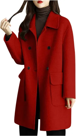 Trench Coat for Women 2024 Single Breasted Wool Coat Notch Lapel Pea Coat Plus Size Dressy Coat Casual Winter Outfits
