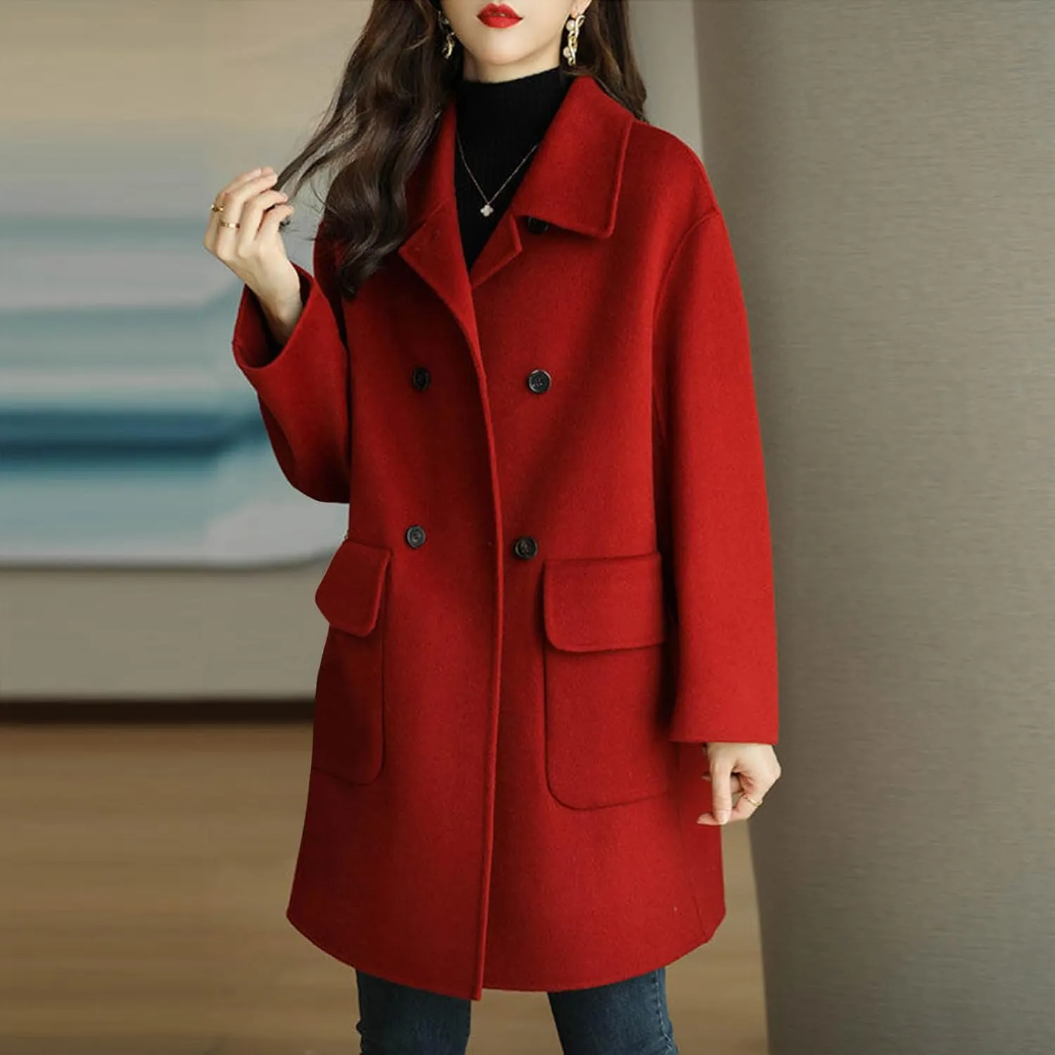 Trench Coat for Women 2024 Single Breasted Wool Coat Notch Lapel Pea Coat Plus Size Dressy Coat Casual Winter Outfits