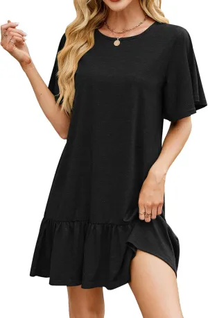 Tshirt Dress for Women 2025 Crewneck Pleated Short Sleeve Mini Dress Summer Casual Flowy Ruffle A-Line Sundress