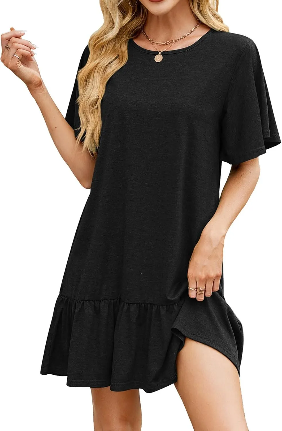 Tshirt Dress for Women 2025 Crewneck Pleated Short Sleeve Mini Dress Summer Casual Flowy Ruffle A-Line Sundress