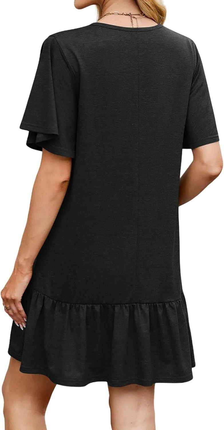 Tshirt Dress for Women 2025 Crewneck Pleated Short Sleeve Mini Dress Summer Casual Flowy Ruffle A-Line Sundress