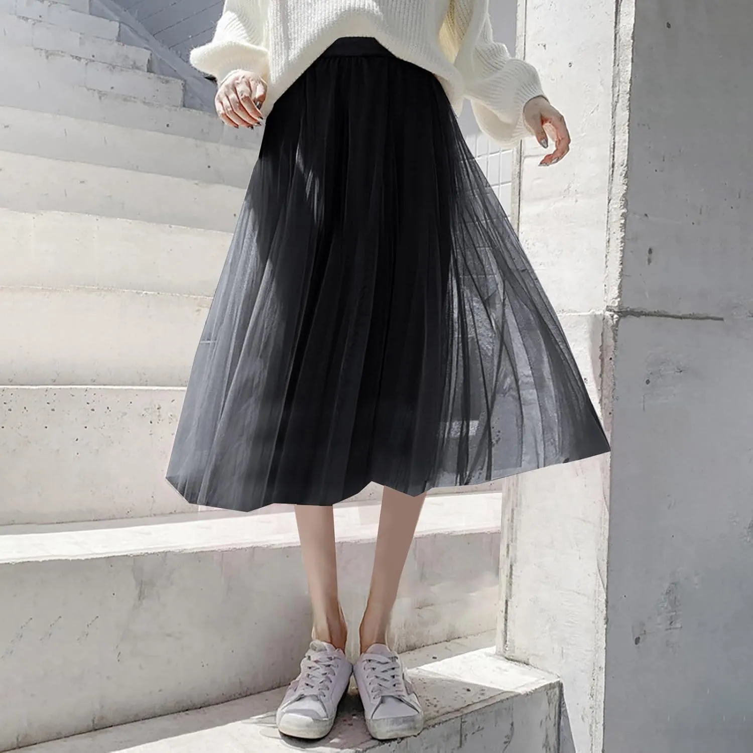 Tulle Skirts for Women Pleated Layered Tutu Skirt Ladies Elegant Flowy Long Skirts Bridesmaid Wedding Midi Skirt