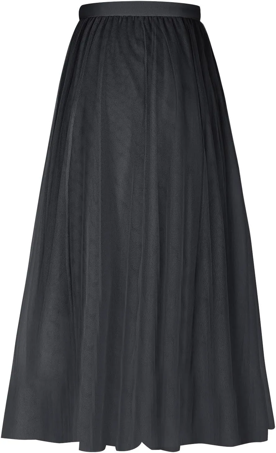 Tulle Skirts for Women Pleated Layered Tutu Skirt Ladies Elegant Flowy Long Skirts Bridesmaid Wedding Midi Skirt