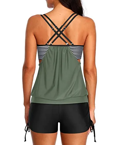 Two Piece Bathing Suits With Blouson Swim Tank Top And Soft Boy Shorts-Army Green