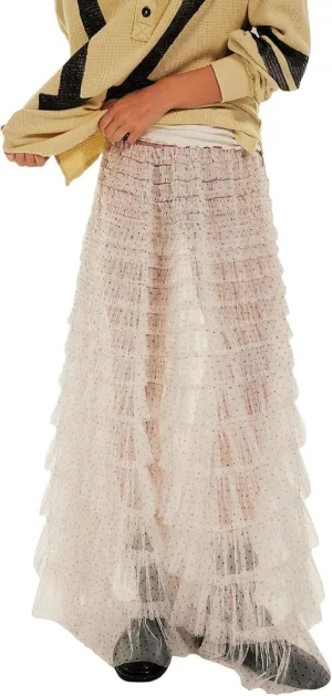 UAURORAO Women Tulle Slip Maxi Skirt Ruffle Pleated Lace Slip Skirt See Through Underskirt Layered Tutu Skirt Petticoat