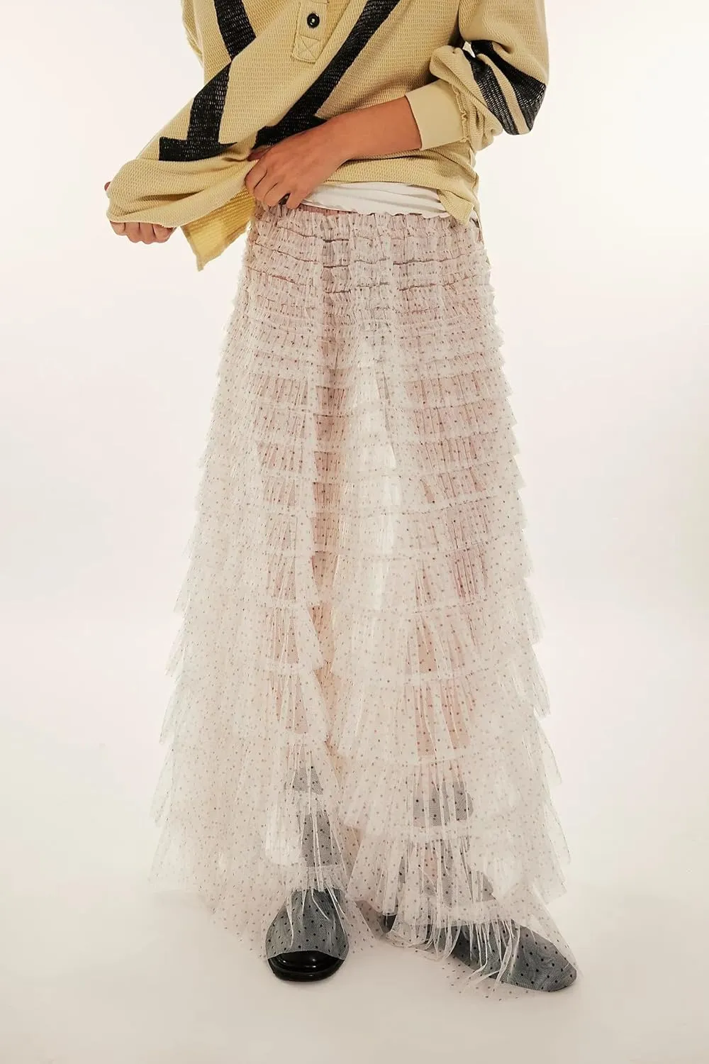UAURORAO Women Tulle Slip Maxi Skirt Ruffle Pleated Lace Slip Skirt See Through Underskirt Layered Tutu Skirt Petticoat