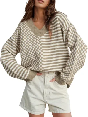 UNCLECAT Women's Striped Checkered Sweater 2024 V Neck Fall Sweaters Casual Knit Trendy Pullover Tops