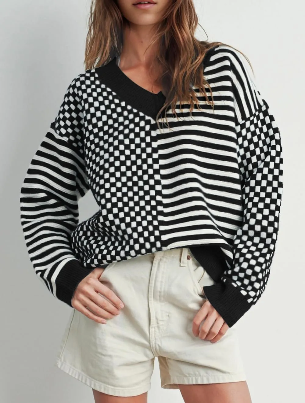 UNCLECAT Women's Striped Checkered Sweater 2024 V Neck Fall Sweaters Casual Knit Trendy Pullover Tops