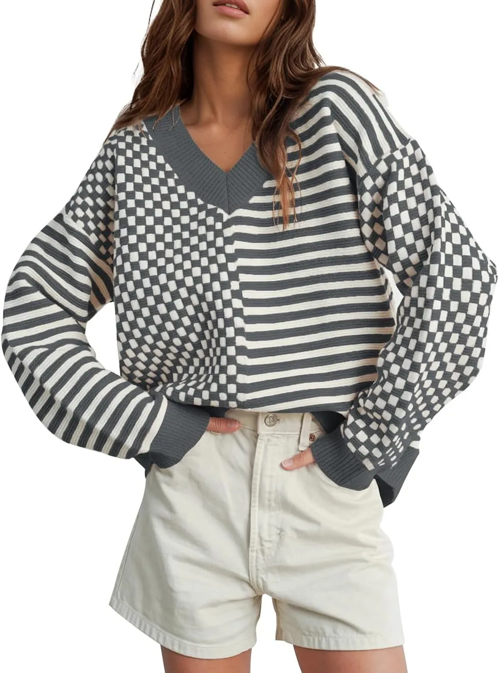 UNCLECAT Women's Striped Checkered Sweater 2024 V Neck Fall Sweaters Casual Knit Trendy Pullover Tops