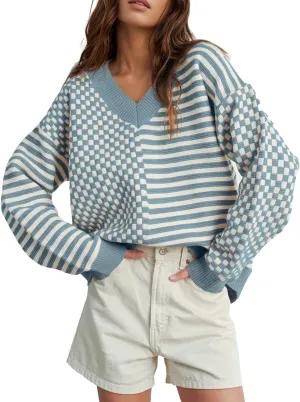 UNCLECAT Women's Striped Checkered Sweater 2024 V Neck Fall Sweaters Casual Knit Trendy Pullover Tops