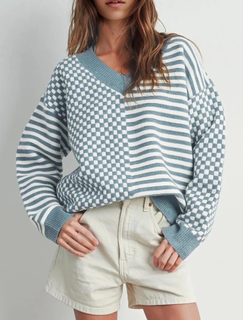 UNCLECAT Women's Striped Checkered Sweater 2024 V Neck Fall Sweaters Casual Knit Trendy Pullover Tops