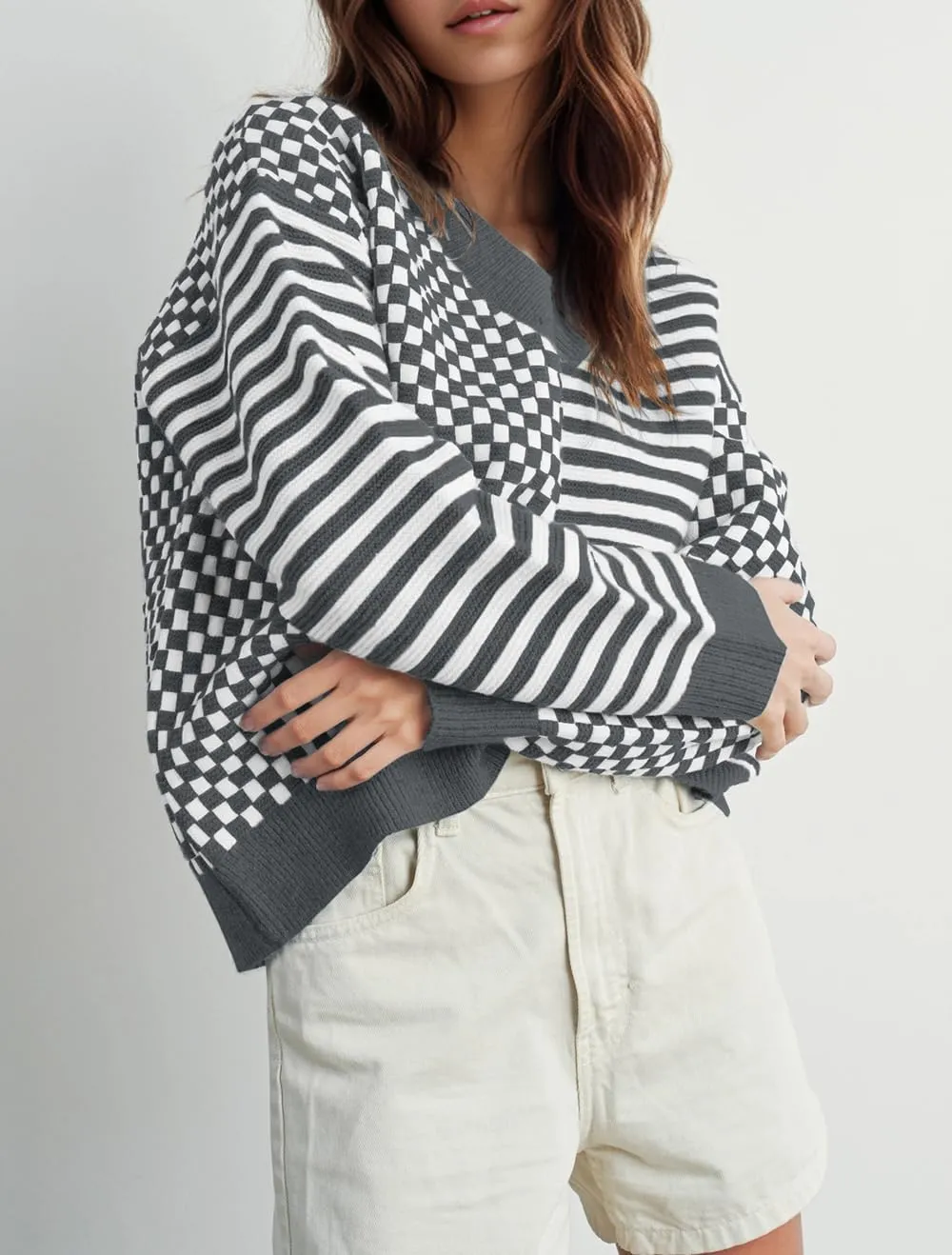 UNCLECAT Women's Striped Checkered Sweater 2024 V Neck Fall Sweaters Casual Knit Trendy Pullover Tops