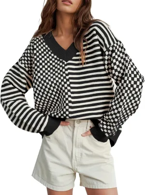 UNCLECAT Women's Striped Checkered Sweater 2024 V Neck Fall Sweaters Casual Knit Trendy Pullover Tops
