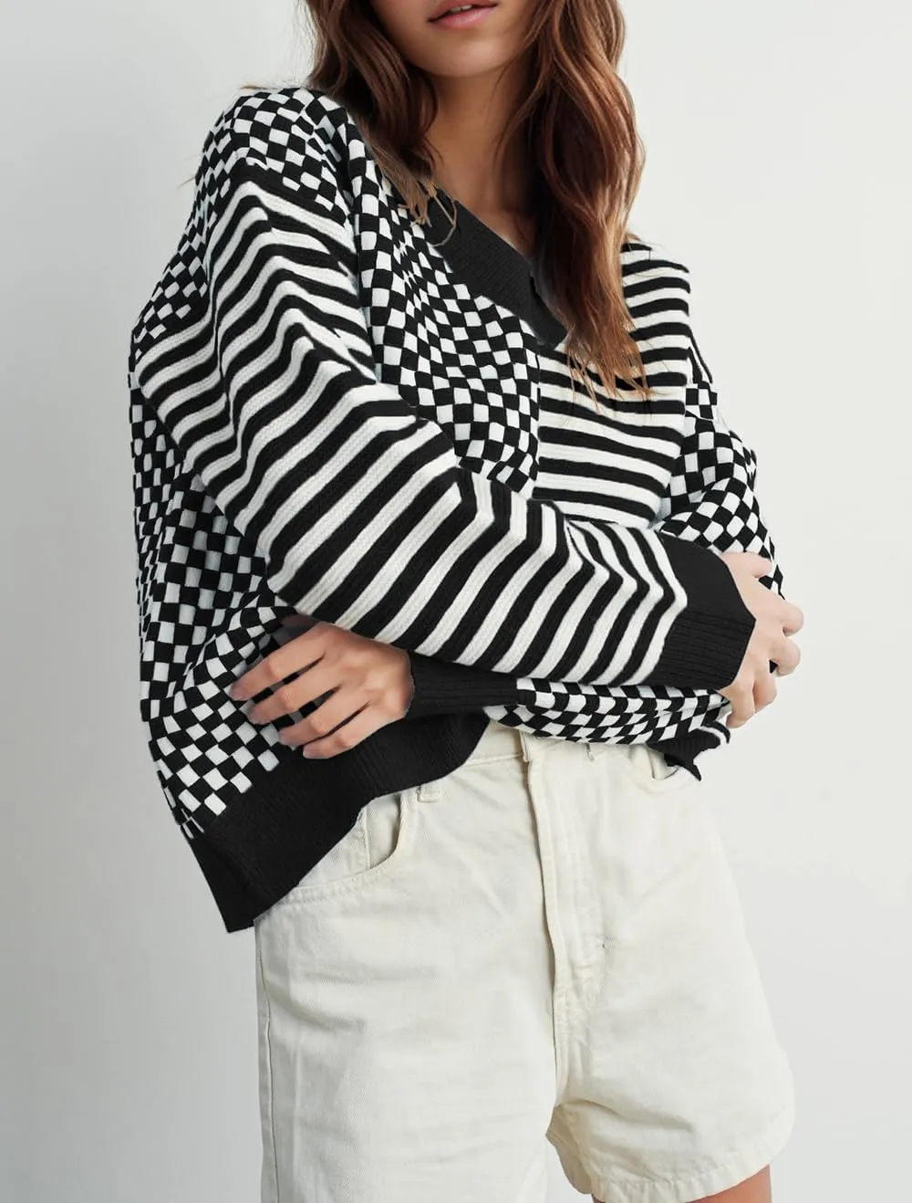 UNCLECAT Women's Striped Checkered Sweater 2024 V Neck Fall Sweaters Casual Knit Trendy Pullover Tops