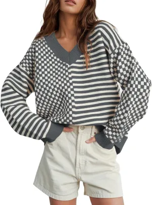 UNCLECAT Women's Striped Checkered Sweater 2024 V Neck Fall Sweaters Casual Knit Trendy Pullover Tops