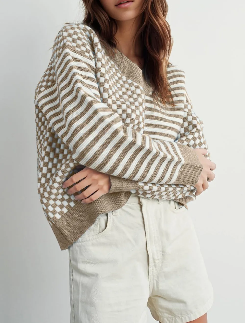 UNCLECAT Women's Striped Checkered Sweater 2024 V Neck Fall Sweaters Casual Knit Trendy Pullover Tops