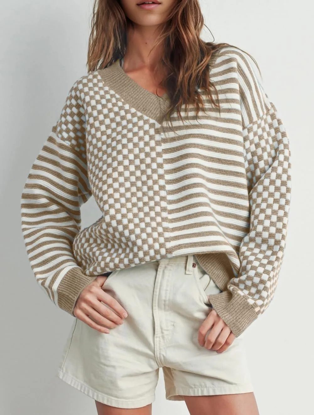 UNCLECAT Women's Striped Checkered Sweater 2024 V Neck Fall Sweaters Casual Knit Trendy Pullover Tops