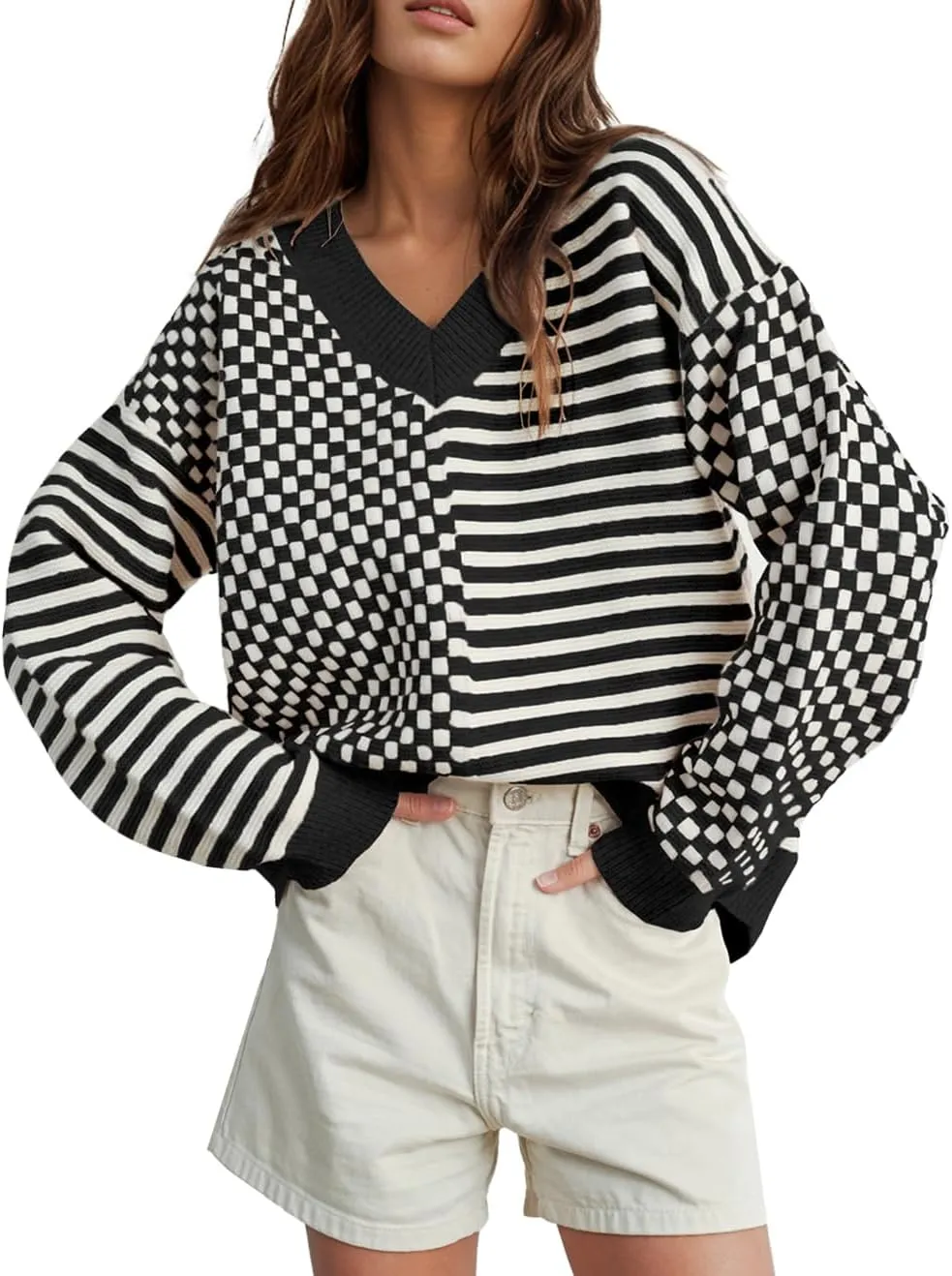 UNCLECAT Women's Striped Checkered Sweater 2024 V Neck Fall Sweaters Casual Knit Trendy Pullover Tops