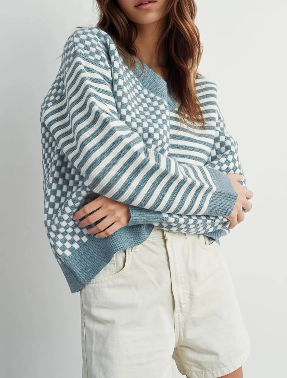 UNCLECAT Women's Striped Checkered Sweater 2024 V Neck Fall Sweaters Casual Knit Trendy Pullover Tops