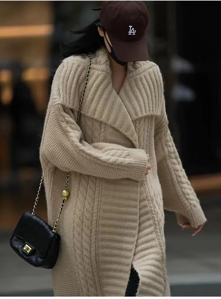 utcoco Long Cardigans for Women Lapel Open Front Knitted Long Cardigan Sweaters Outwear
