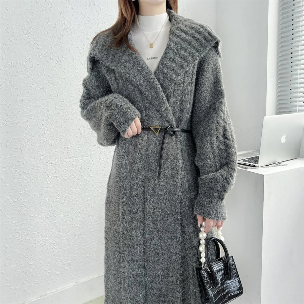 utcoco Long Cardigans for Women Lapel Open Front Knitted Long Cardigan Sweaters Outwear