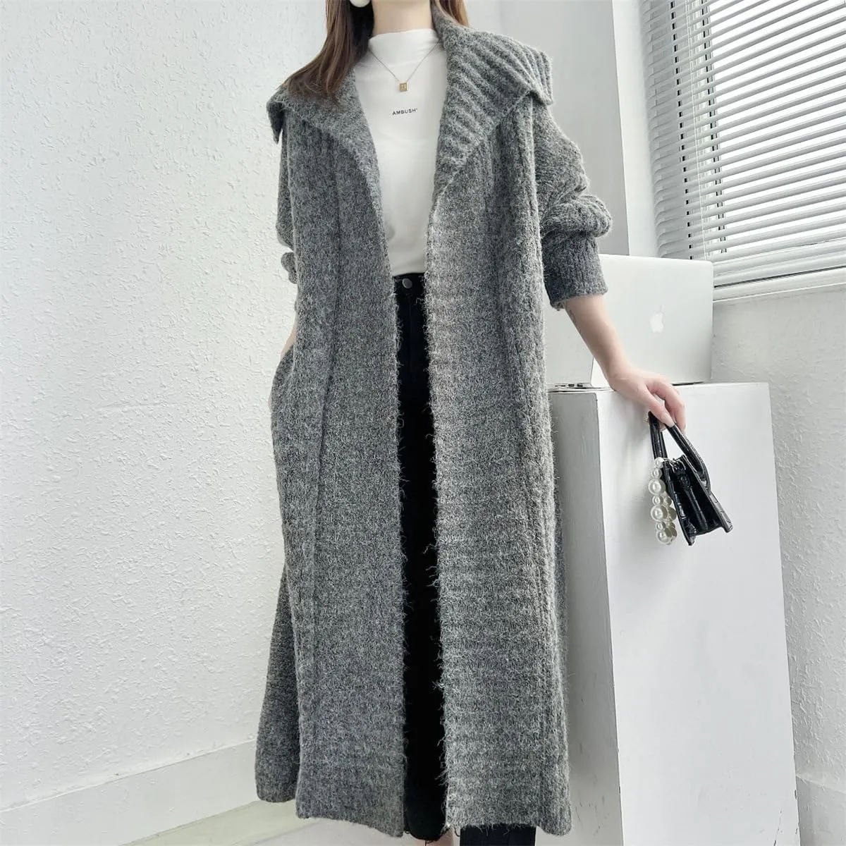 utcoco Long Cardigans for Women Lapel Open Front Knitted Long Cardigan Sweaters Outwear