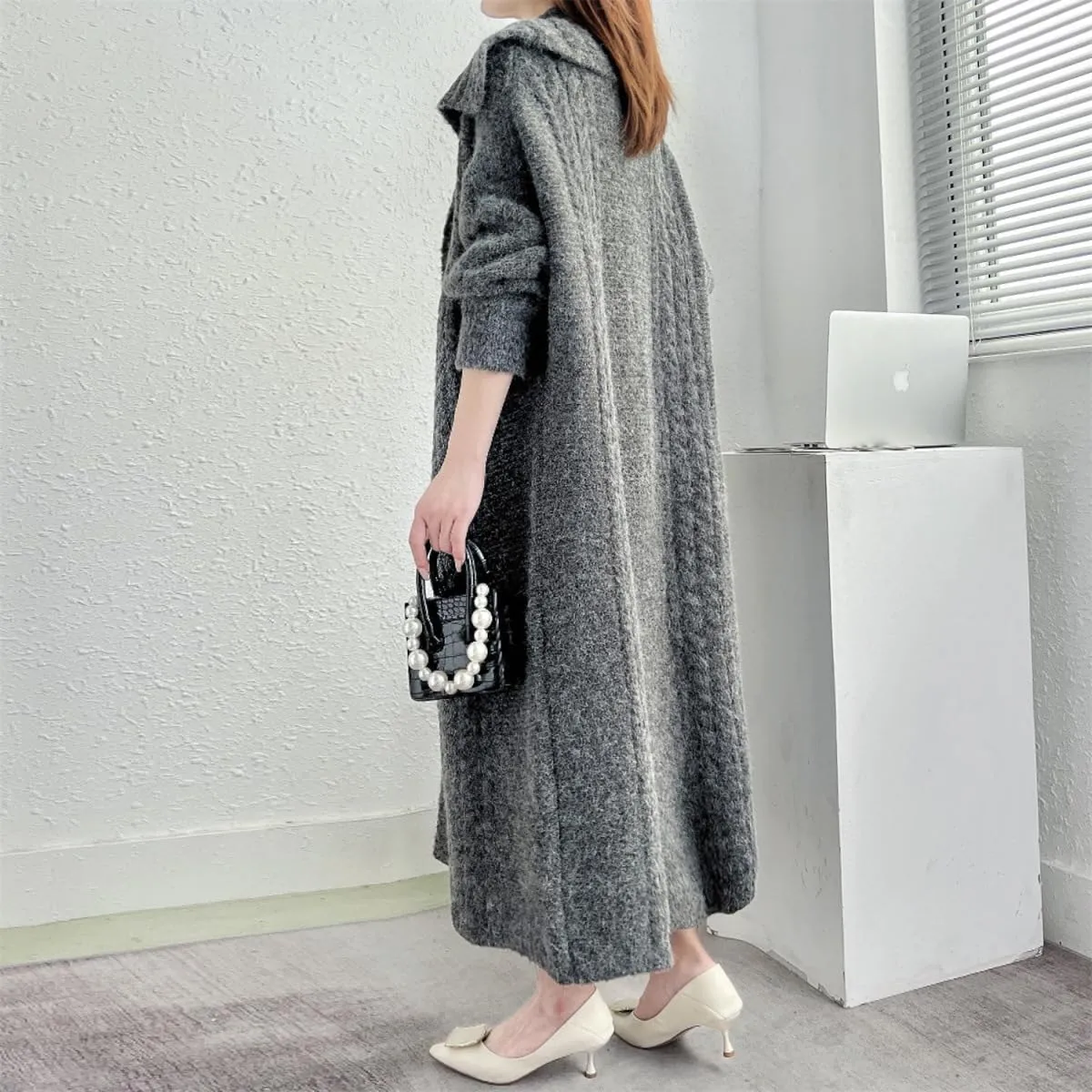utcoco Long Cardigans for Women Lapel Open Front Knitted Long Cardigan Sweaters Outwear