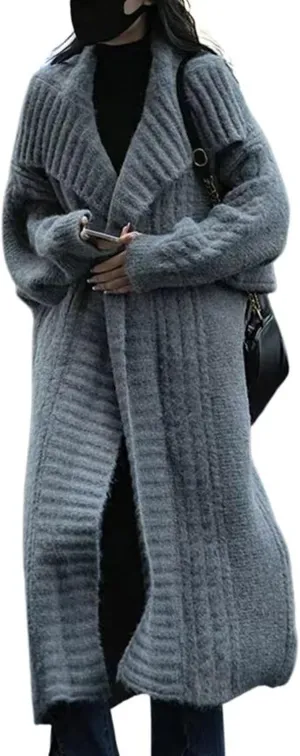 utcoco Long Cardigans for Women Lapel Open Front Knitted Long Cardigan Sweaters Outwear