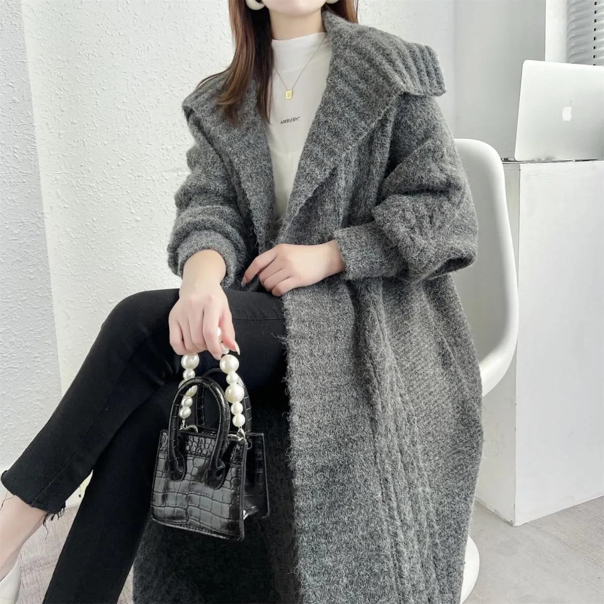 utcoco Long Cardigans for Women Lapel Open Front Knitted Long Cardigan Sweaters Outwear