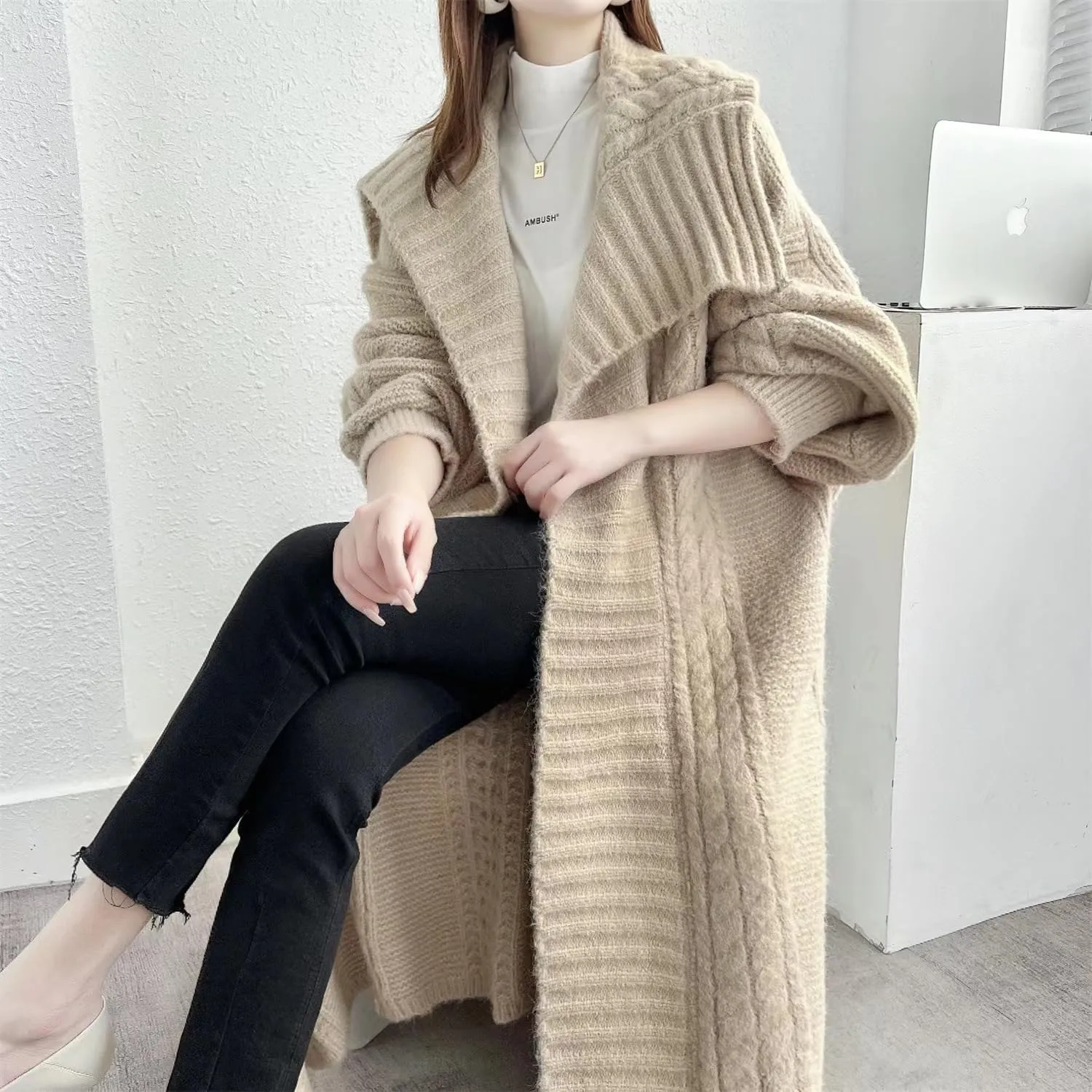 utcoco Long Cardigans for Women Lapel Open Front Knitted Long Cardigan Sweaters Outwear
