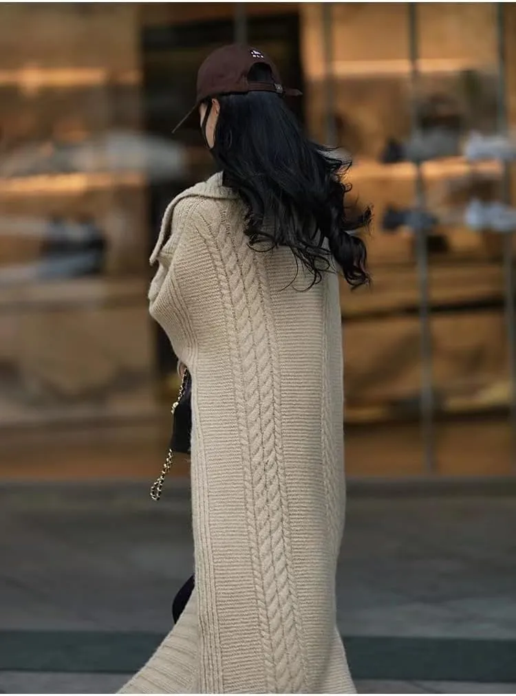 utcoco Long Cardigans for Women Lapel Open Front Knitted Long Cardigan Sweaters Outwear