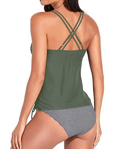 V Neck Two Piece Tankini Swimsuits Tummy Control Bathing Suits-Army Green