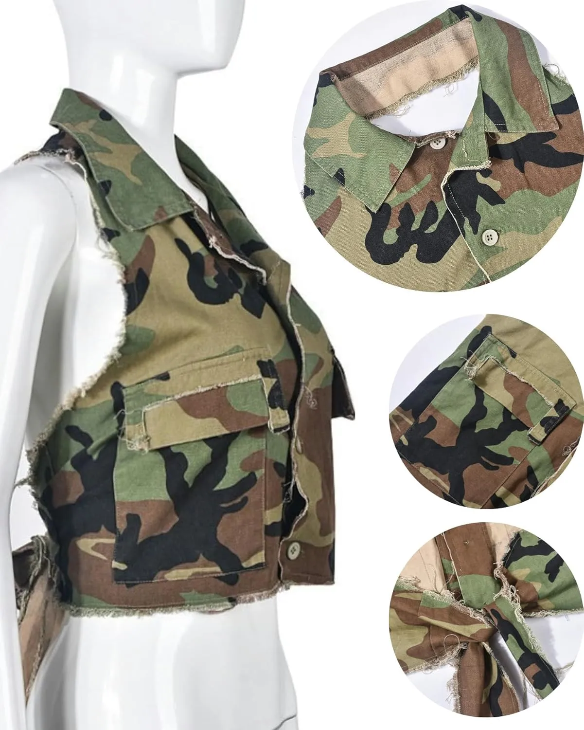 Vaceky Cropped Denim Jacket Women Distressed Camouflage Button Down Shirt Jean Jackets