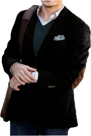 VENNYNG Men's Tweed Blazer Jacket with Elbow Patches Men Spring Short Vintage Trench Coat Black