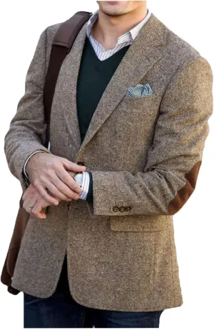 VENNYNG Men's Tweed Blazer Jacket with Elbow Patches Men Spring Short Vintage Trench Coat Light Brown