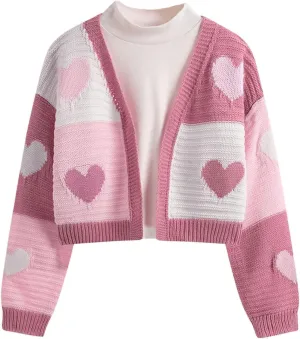 Verdusa Girl's Cute Heart Knitted Sweaters Open Front Long Sleeve Graphic Cardigan Sweater