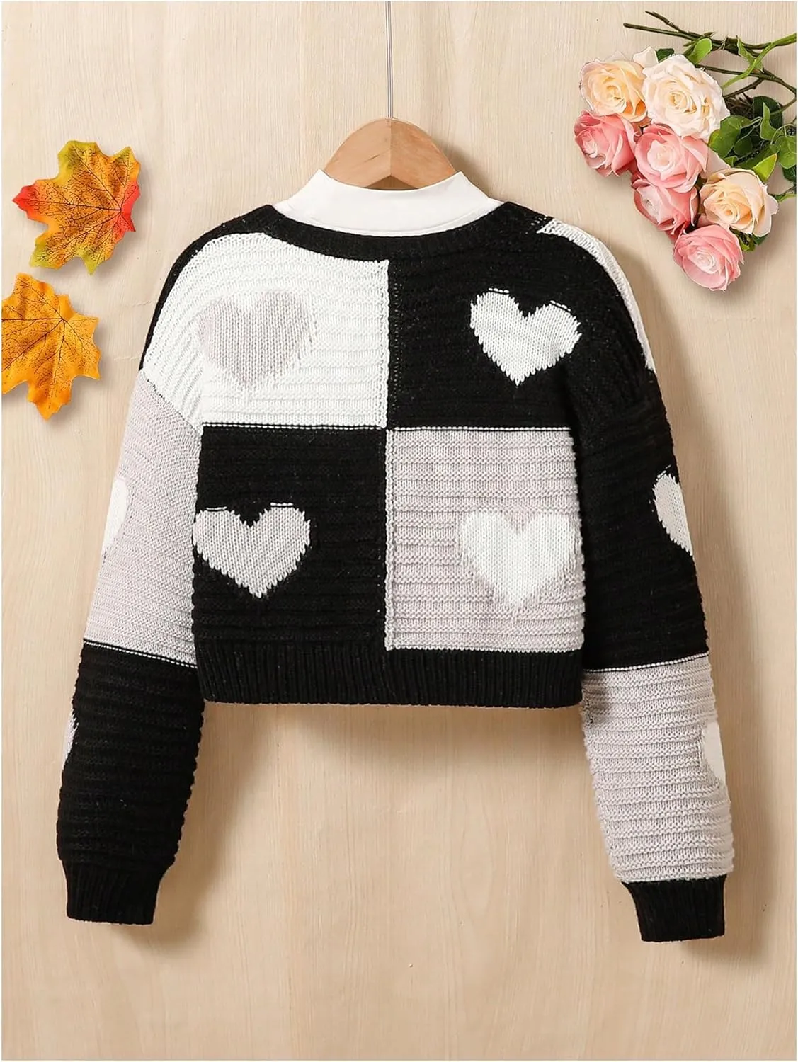Verdusa Girl's Cute Heart Knitted Sweaters Open Front Long Sleeve Graphic Cardigan Sweater