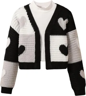 Verdusa Girl's Cute Heart Knitted Sweaters Open Front Long Sleeve Graphic Cardigan Sweater