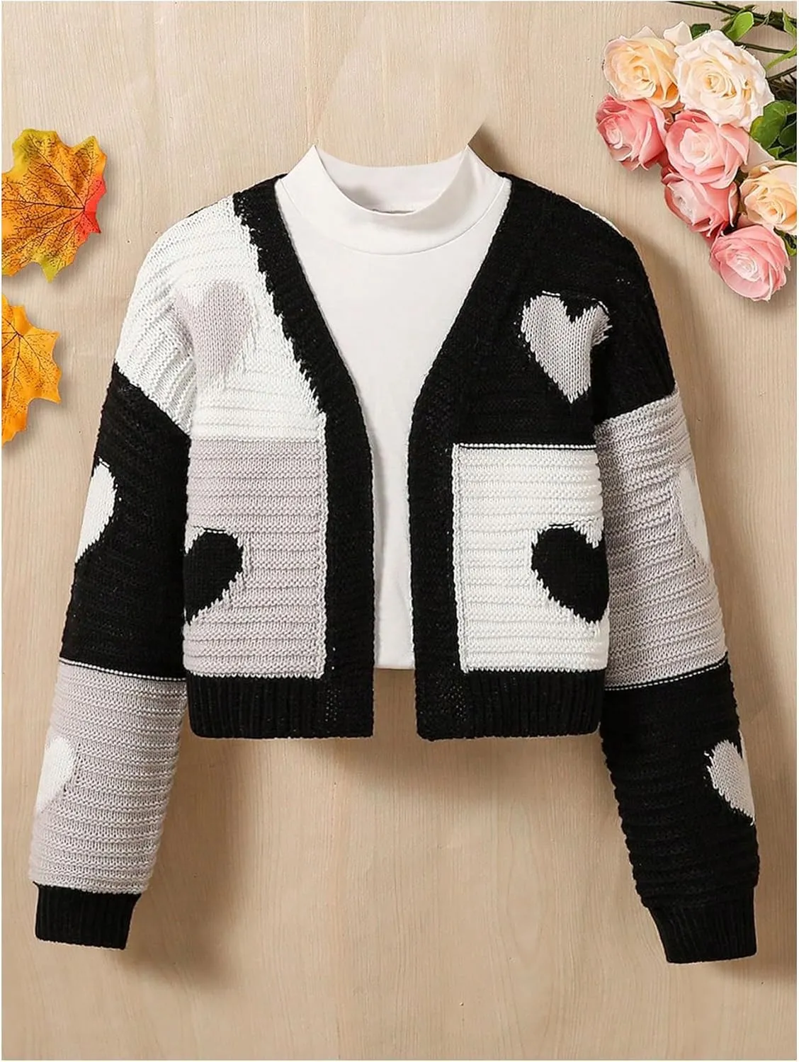 Verdusa Girl's Cute Heart Knitted Sweaters Open Front Long Sleeve Graphic Cardigan Sweater