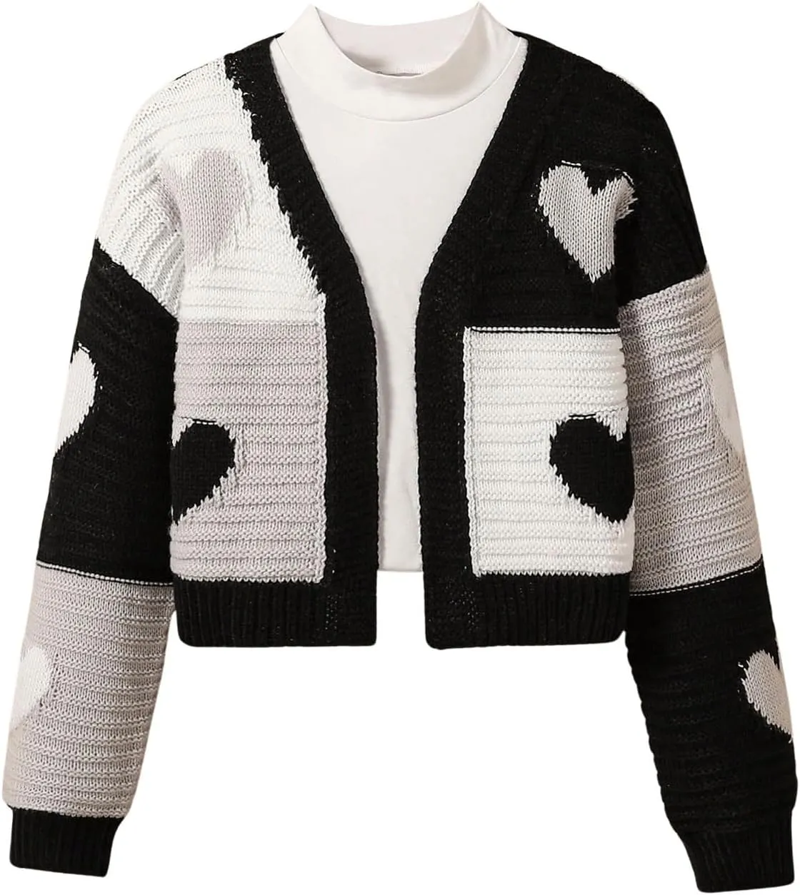 Verdusa Girl's Cute Heart Knitted Sweaters Open Front Long Sleeve Graphic Cardigan Sweater