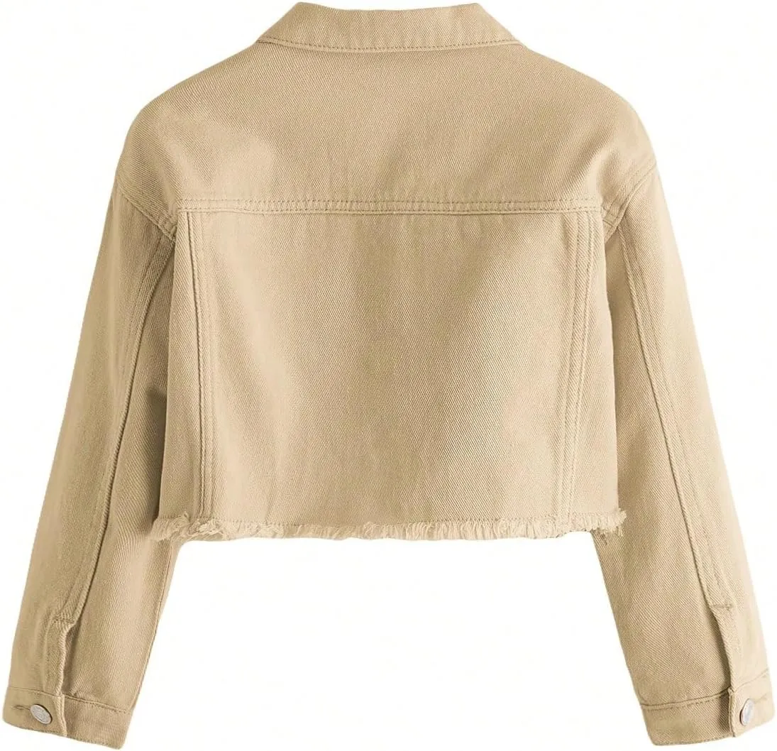 Verdusa Girl's Raw Hem Long Sleeve Single Breasted Crop Denim Jacket Outerwear