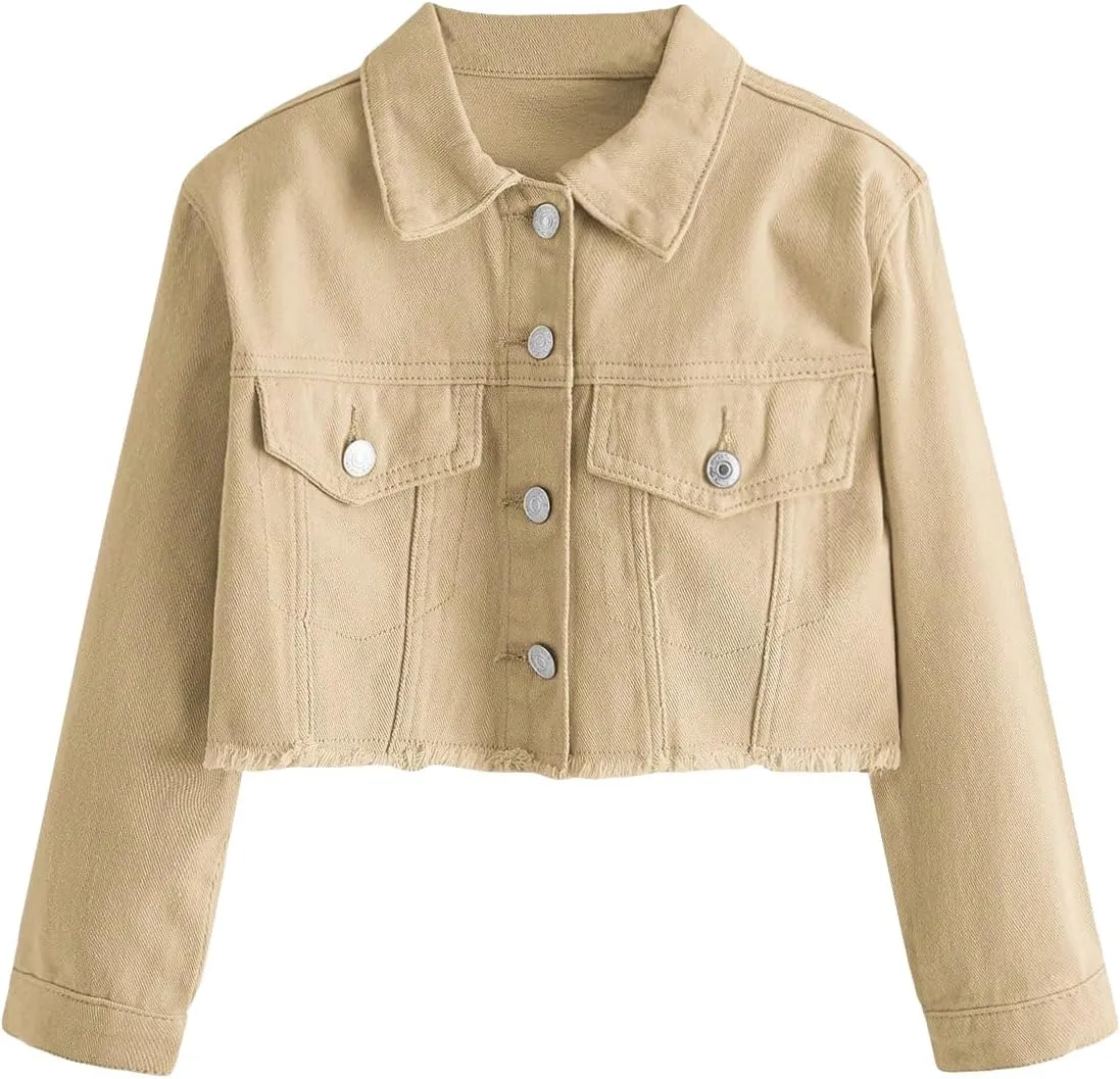 Verdusa Girl's Raw Hem Long Sleeve Single Breasted Crop Denim Jacket Outerwear