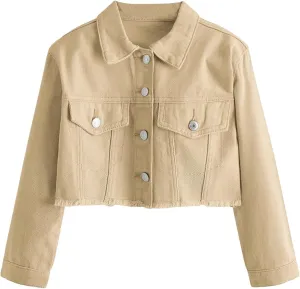 Verdusa Girl's Raw Hem Long Sleeve Single Breasted Crop Denim Jacket Outerwear