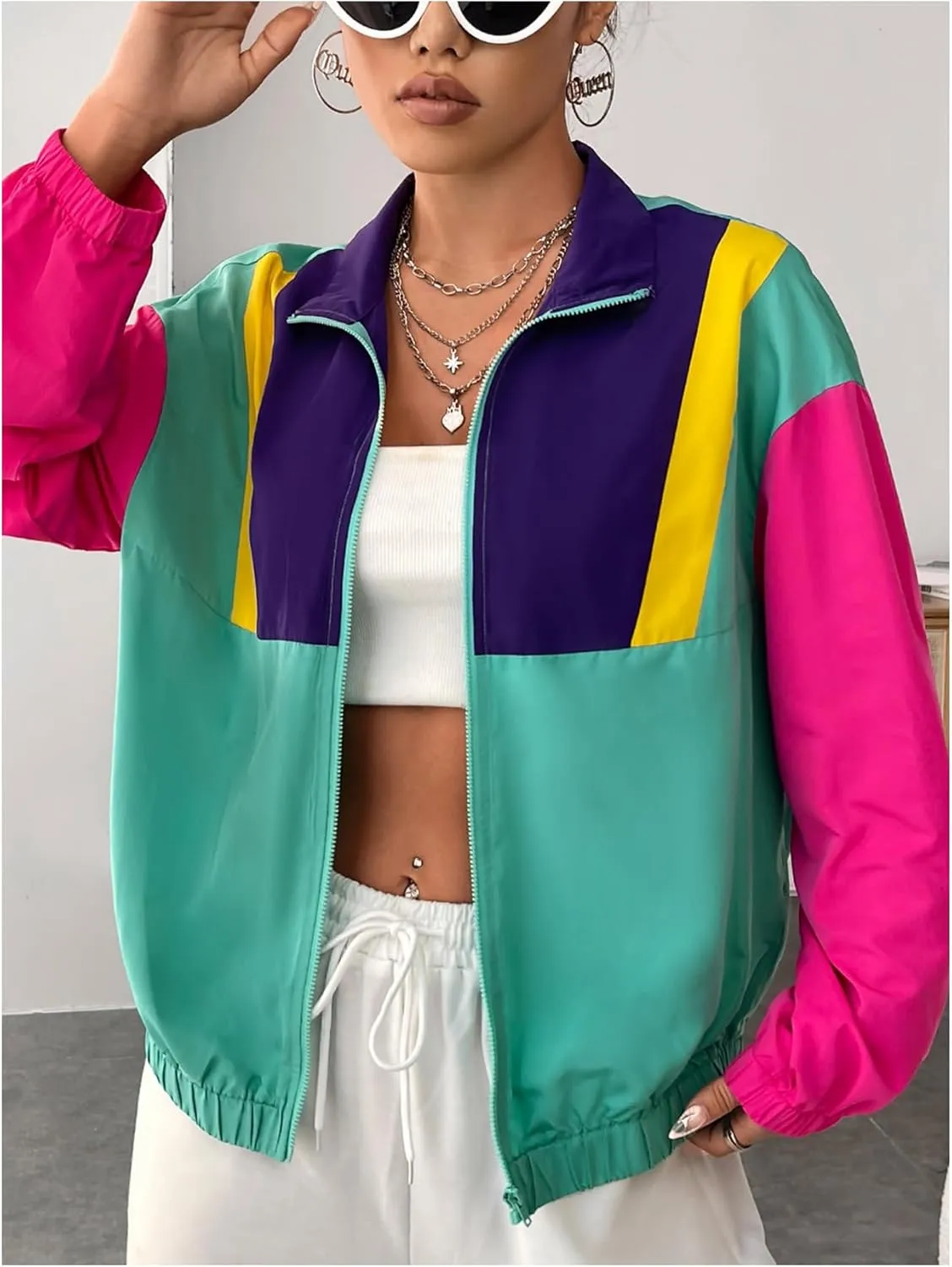 Verdusa Women's Color Block Windbreaker Jacket Zip Up Drop Shoulder Collar Outerwear