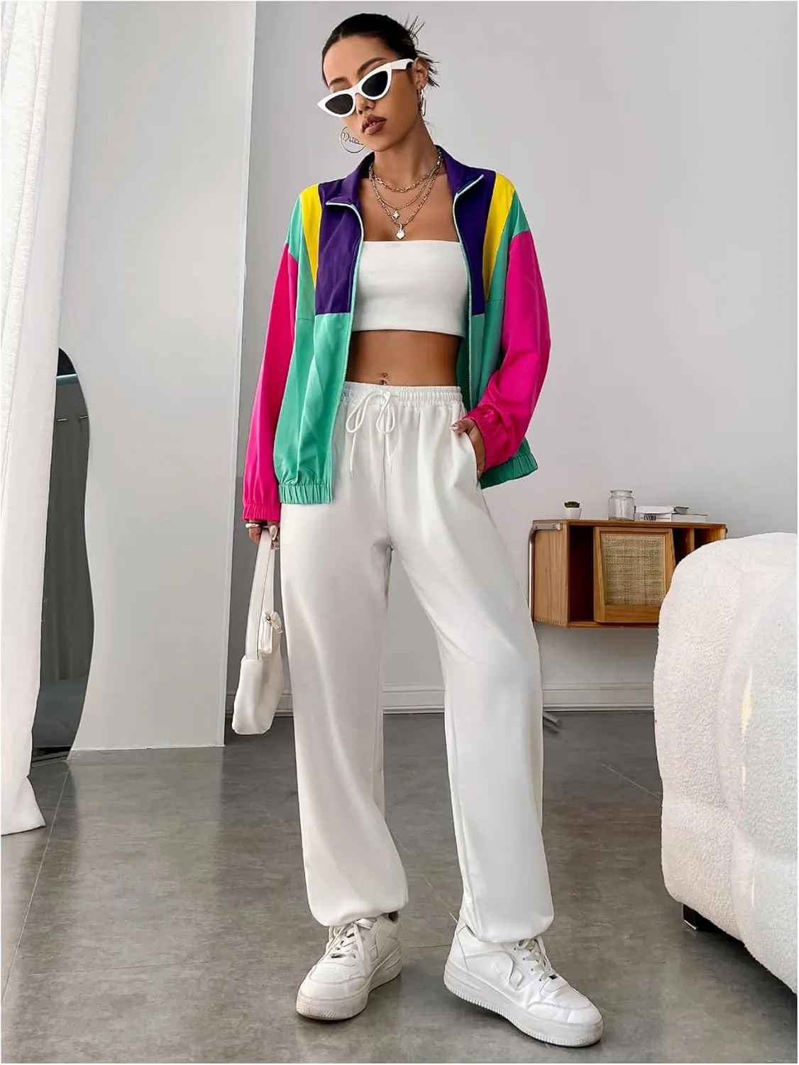 Verdusa Women's Color Block Windbreaker Jacket Zip Up Drop Shoulder Collar Outerwear