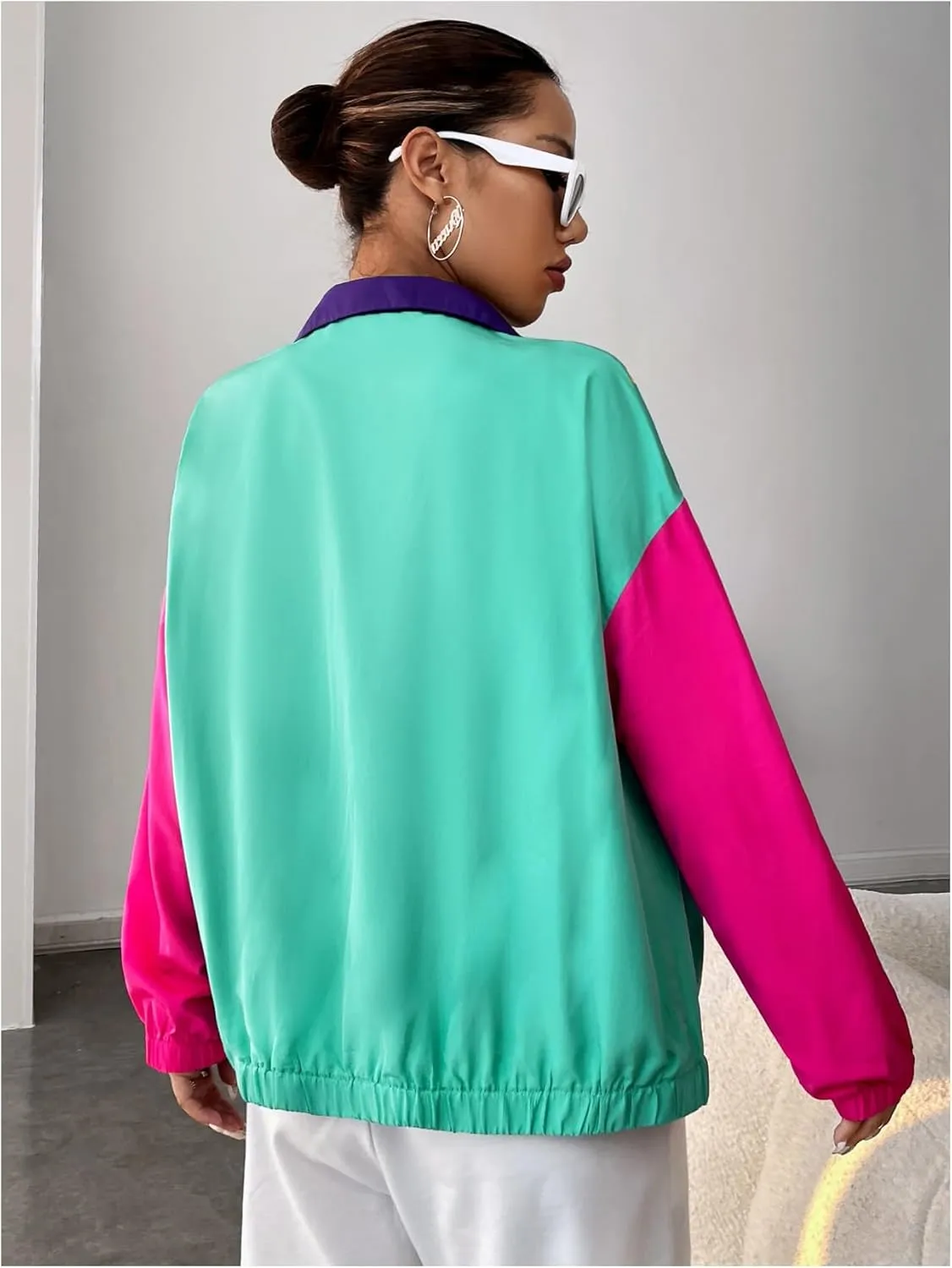 Verdusa Women's Color Block Windbreaker Jacket Zip Up Drop Shoulder Collar Outerwear
