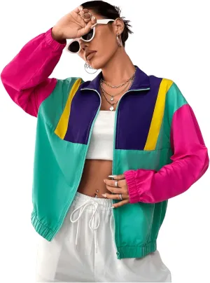 Verdusa Women's Color Block Windbreaker Jacket Zip Up Drop Shoulder Collar Outerwear